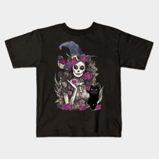 Witch and cat for cute Halloween, purple roses,scary, spooky Kids T-Shirt